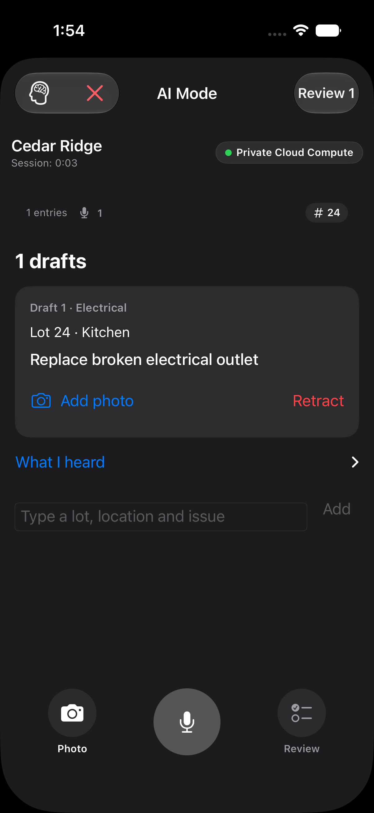 AI Mode showing a sample electrical draft for Lot 24, Kitchen, ready for review