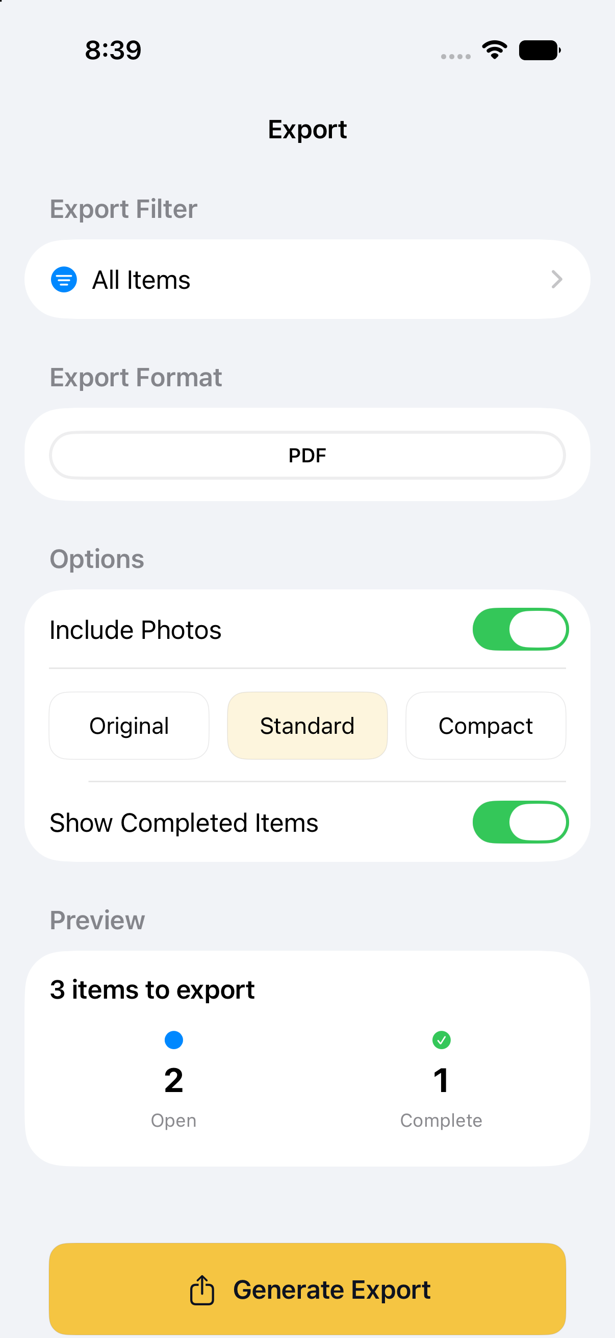 FastPunch export screen with PDF format, photo options and item preview